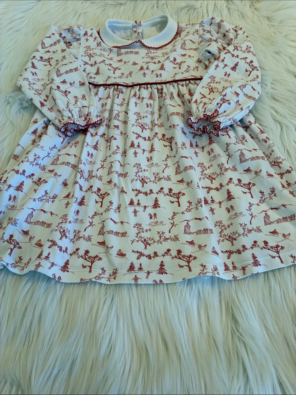 Ruth and Ralph Girls Dress with Red Toile Print and Peter Pan Collar